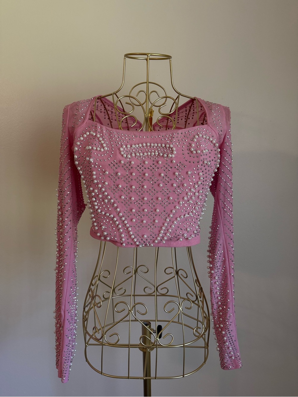 Windsor Pink Pearl & Rhinestone Long-Sleeve Crop Top